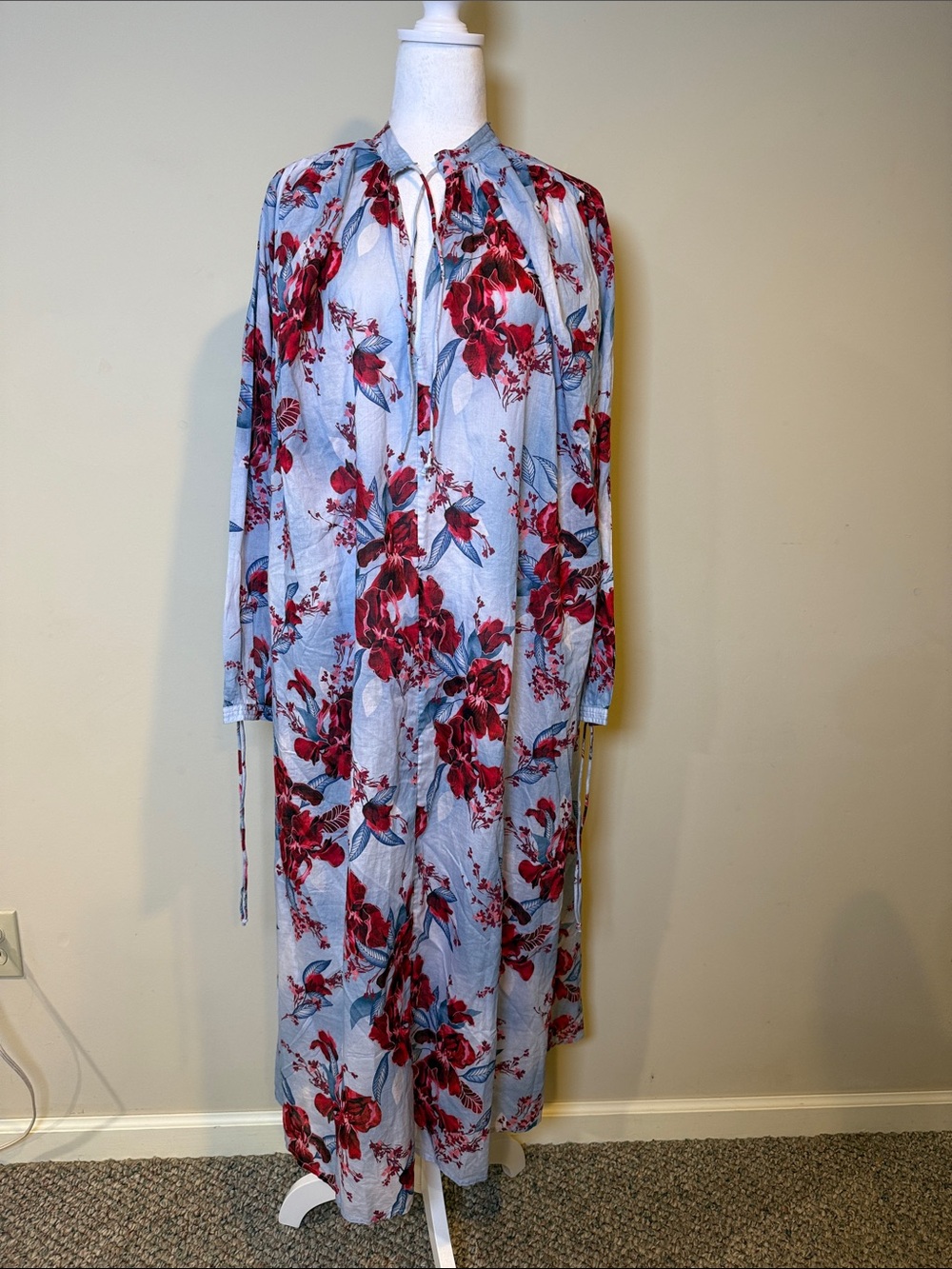 J. Crew Cotton voile Kaftan tunic dress  Sky Blue Maxi Dress Floral Print NWT M - Picture 4 of 12